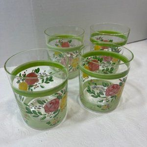 VTG Hand Painted Wide Rim Floral Drink Glasses Double Old Fashion 16oz SET OF 4
